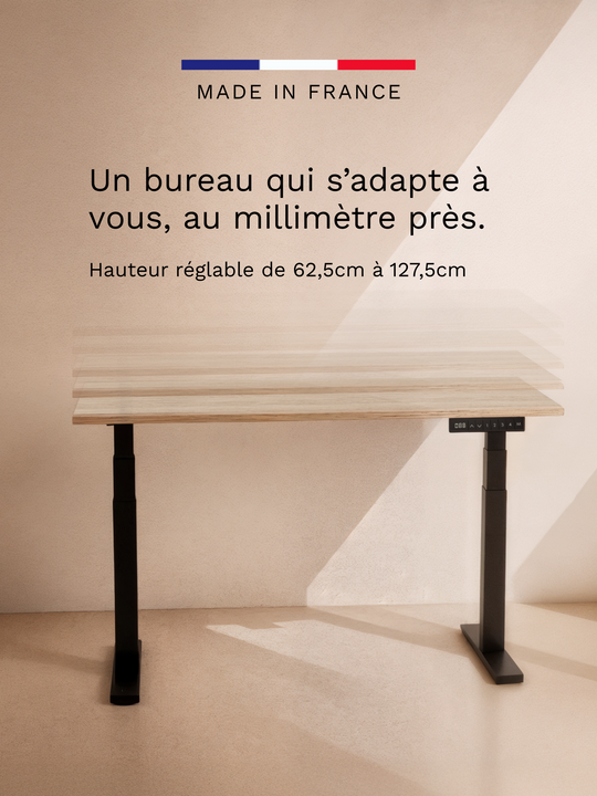 Le bureau Assis Debout AUM WORLD s'adapte à votre morphologie au millimètre près