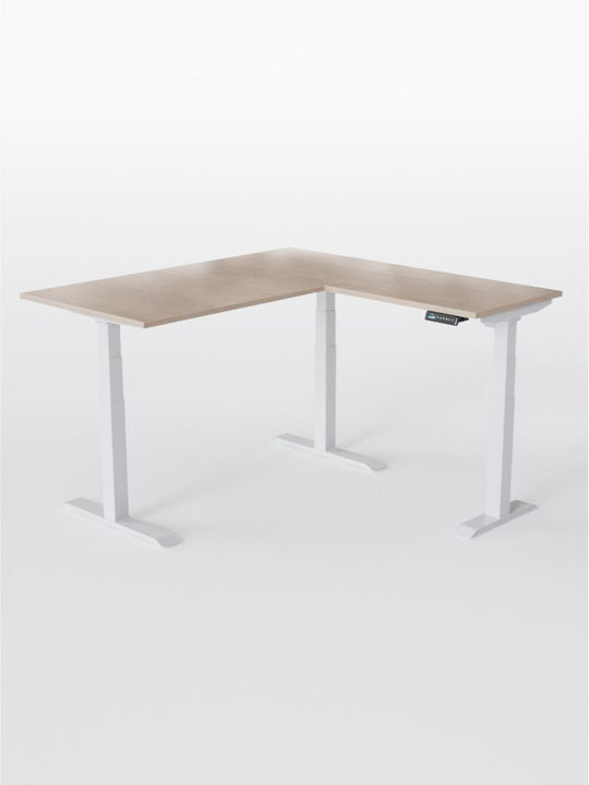 AW_TRIPOD_PRO_Bureau Assis Debout Angle Electrique_Grand Plateau de 160 à 200 cm_Retour 80*60 cm_Pieds_Blancs_Plateau ESSENTIAL_Chene Clair