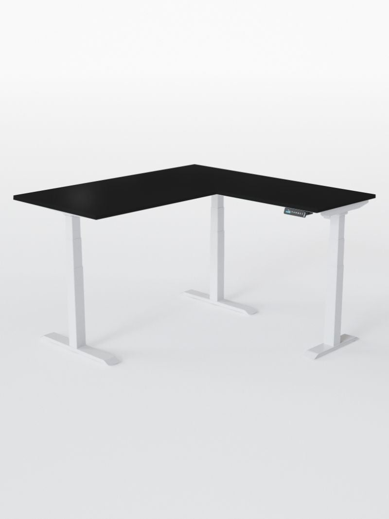 AW_TRIPOD_PRO_Bureau Assis Debout Angle Electrique_Grand Plateau de 160 à 200 cm_Retour 80*60 cm_Pieds_Blancs_Plateau ESSENTIAL_Noir
