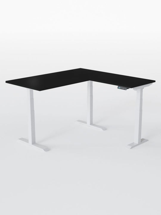 AW_TRIPOD_PRO_Bureau Assis Debout Angle Electrique_Grand Plateau de 160 à 200 cm_Retour 80*60 cm_Pieds_Blancs_Plateau ESSENTIAL_Noir