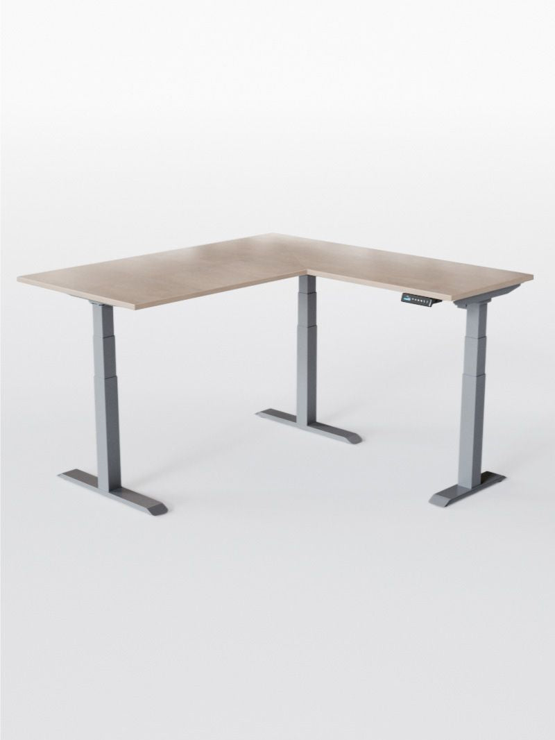 AW_TRIPOD_PRO_Bureau Assis Debout Angle Electrique_Grand Plateau de 160 à 200 cm_Retour 80*60 cm_Pieds_Gris_Plateau ESSENTIAL_Chene Clair