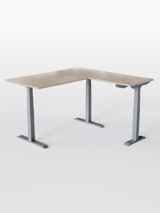 AW_TRIPOD_PRO_Bureau Assis Debout Angle Electrique_Grand Plateau de 160 à 200 cm_Retour 80*60 cm_Pieds_Gris_Plateau ESSENTIAL_Chene Clair