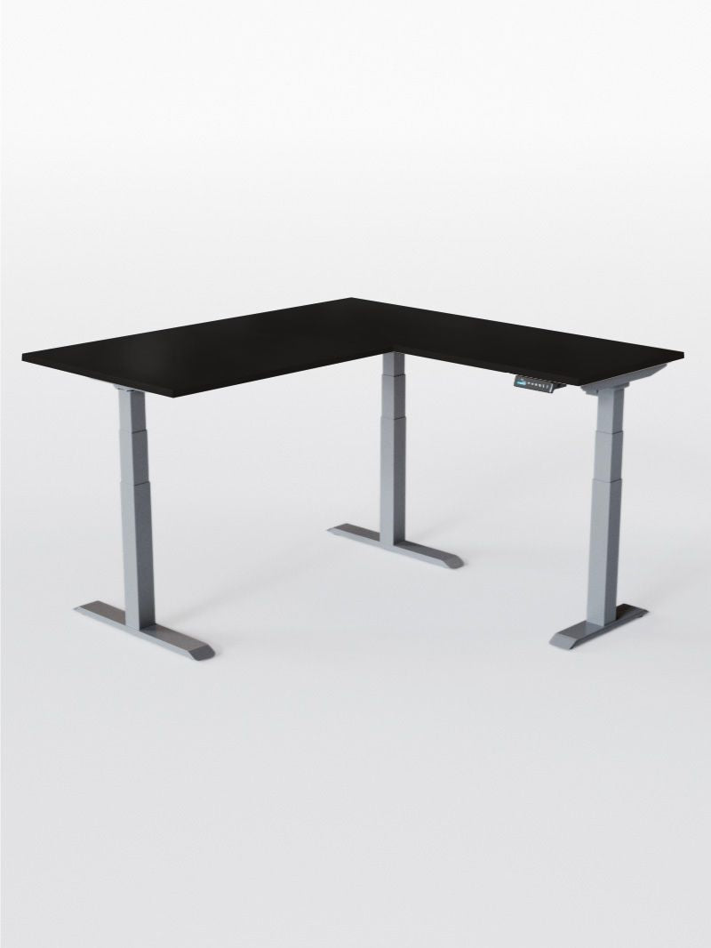 AW_TRIPOD_PRO_Bureau Assis Debout Angle Electrique_Grand Plateau de 160 à 200 cm_Retour 80*60 cm_Pieds_Gris_Plateau ESSENTIAL_Noir