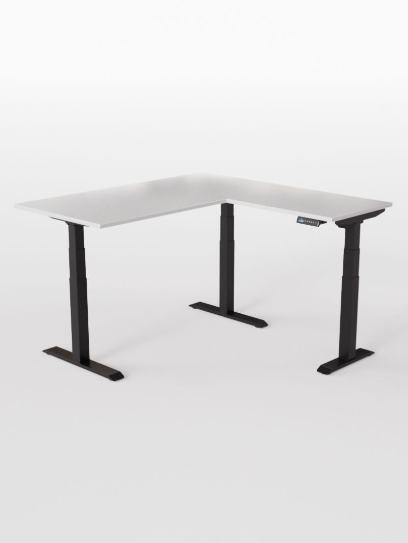 AW_TRIPOD_PRO_Bureau Assis Debout Angle Electrique_Grand Plateau de 160 à 200 cm_Retour 80*60 cm_Pieds_Noirs_Plateau ESSENTIAL_Blanc Premium