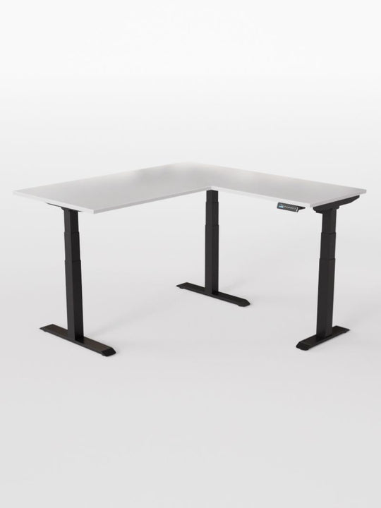 AW_TRIPOD_PRO_Bureau Assis Debout Angle Electrique_Grand Plateau de 160 à 200 cm_Retour 80*60 cm_Pieds_Noirs_Plateau ESSENTIAL_Blanc Premium