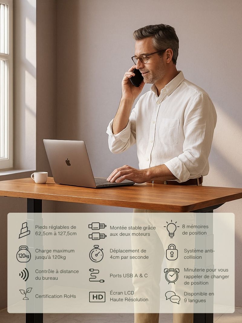 Bureau Assis Debout ADVANCED PRO listing des fonctionnalités - AUM WORLD