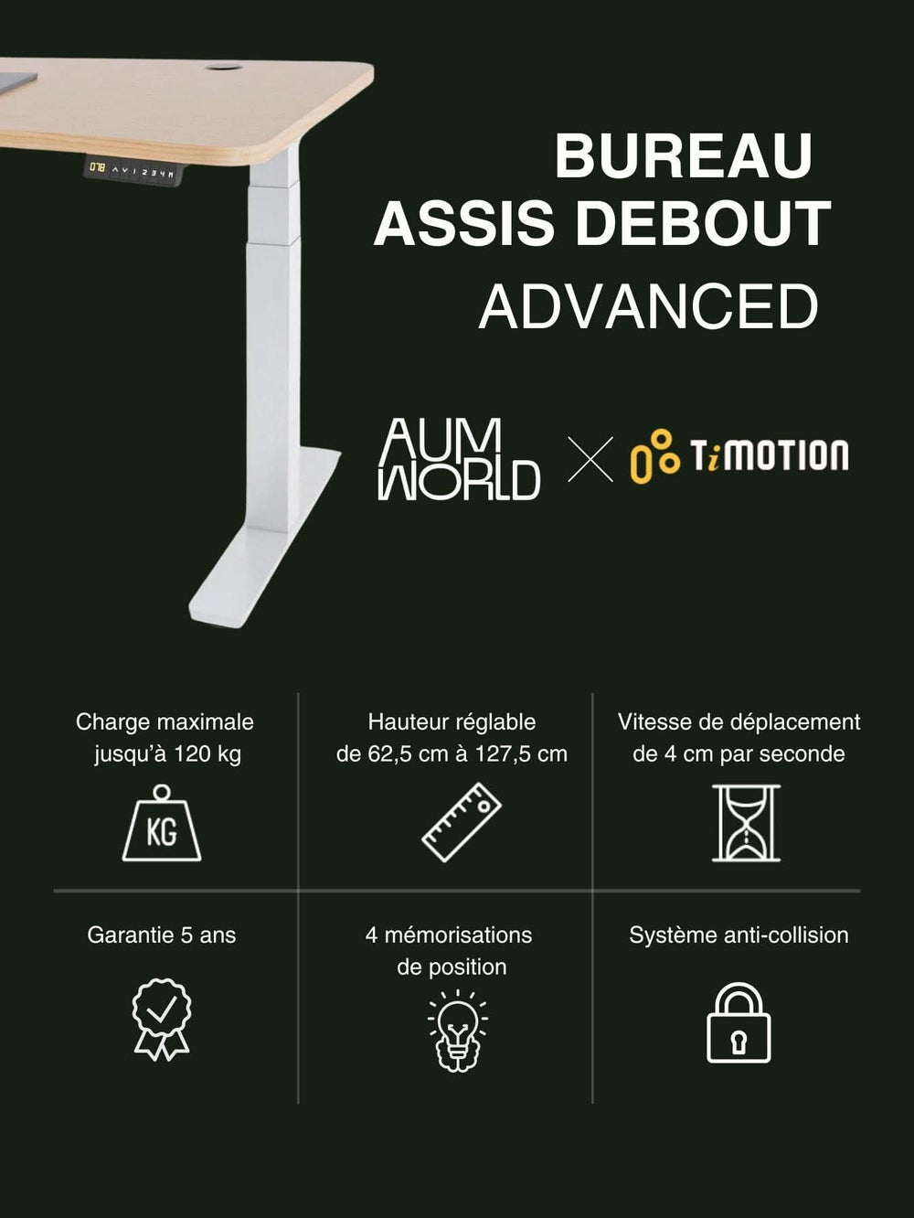 Caractéristiques du Bureau Assis Debout plateau incurvé AUM WORLD x TiMotion