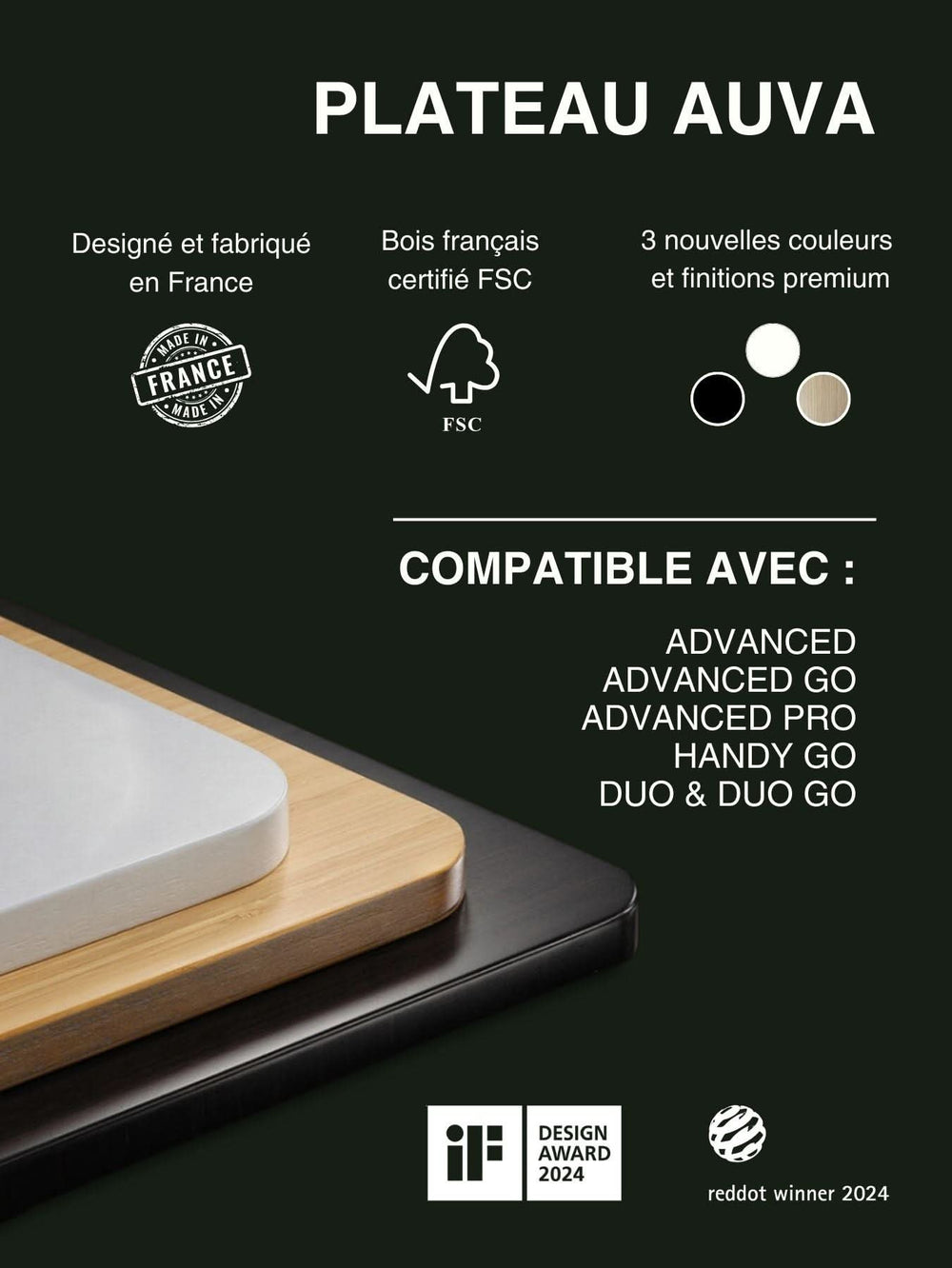 Caractéristiques du plateau en bois Made in France AUVA AUM WORLD 