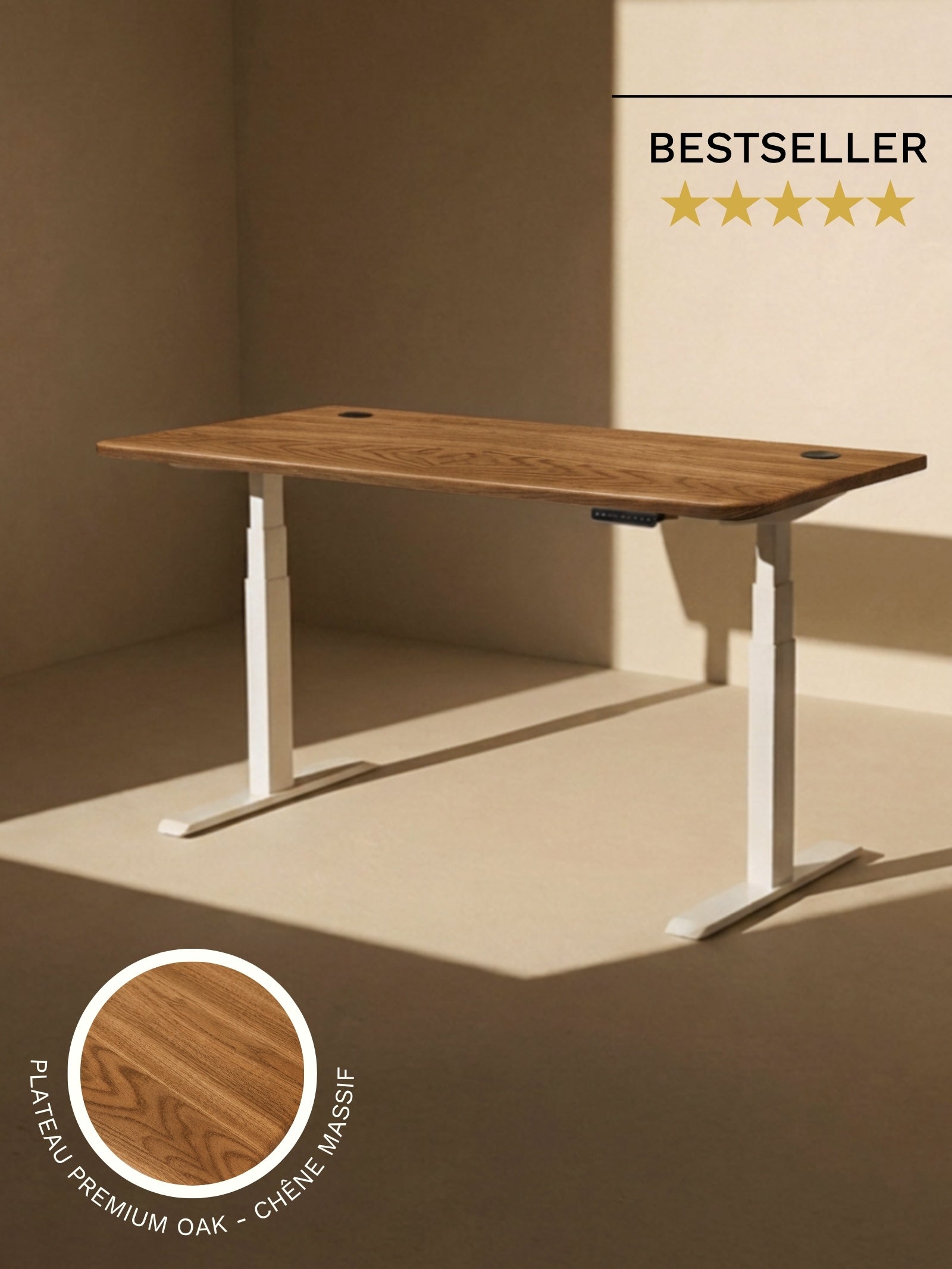 Advanced Go - Plateau Premium Oak | Bureau Assis Debout Électrique en Chêne Massif,  Ports USB A & C