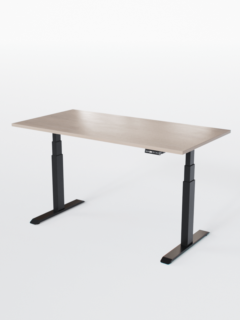 AUM WORLD_Bureau Assis Debout Électrique - ADVANCED LITE GO_Ports USB A_USB C_Noir_Plateau Bois Clair_Vue Globale_Copyrights AUM WORLD_2024