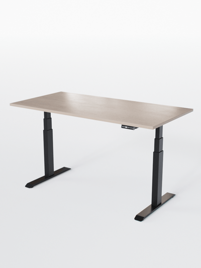 AUM WORLD_Bureau Assis Debout Électrique - ADVANCED LITE GO_Ports USB A_USB C_Noir_Plateau Bois Clair_Vue Globale_Copyrights AUM WORLD_2024