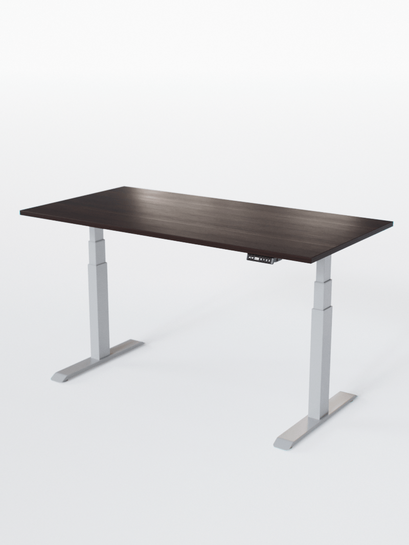 AUM WORLD_Bureau Assis Debout Électrique - ADVANCED LITE GO_Ports USB A_USB C_Gris_Plateau Bois Foncé_Vue Globale_Copyrights AUM WORLD_2024
