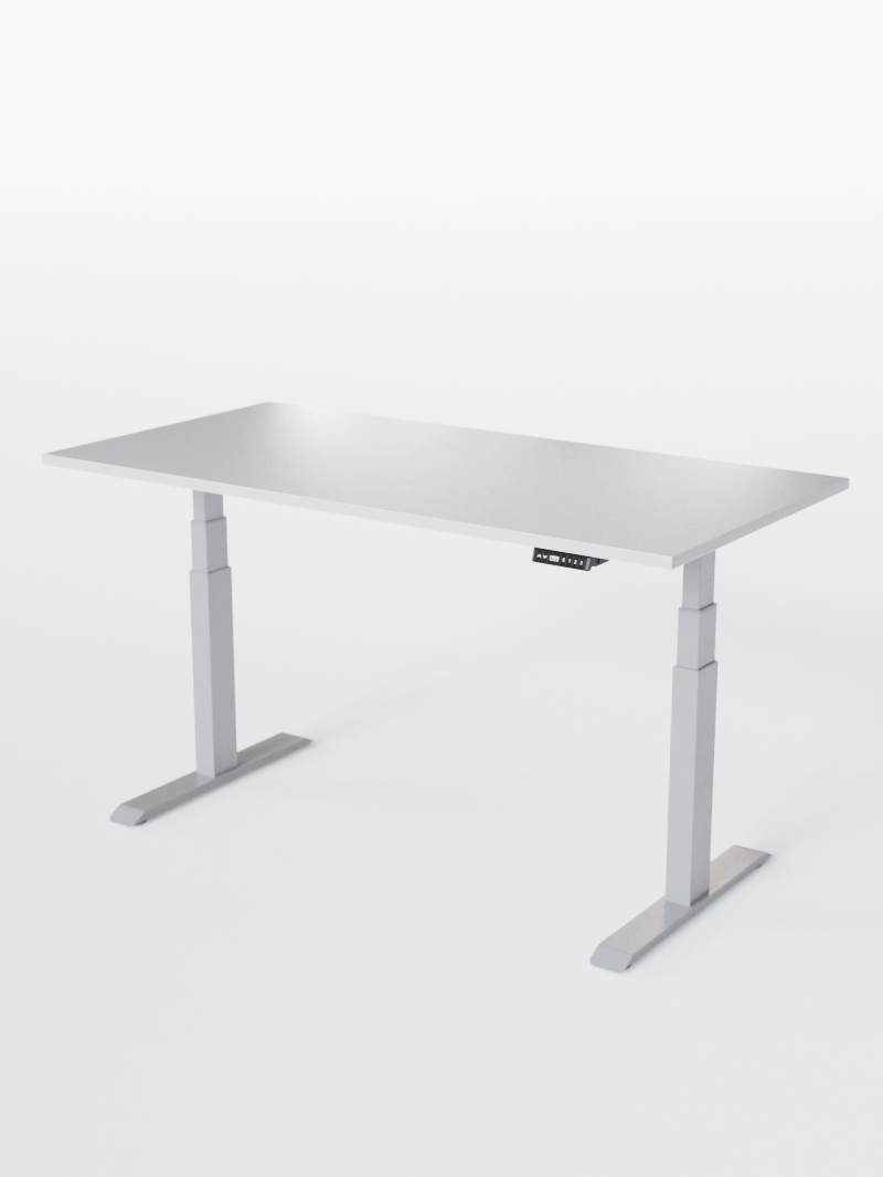 AUM WORLD_Bureau Assis Debout Électrique - ADVANCED LITE GO_Ports USB A_USB C_Gris_Plateau Blanc Premium_Vue Globale_Copyrights AUM WORLD_2024