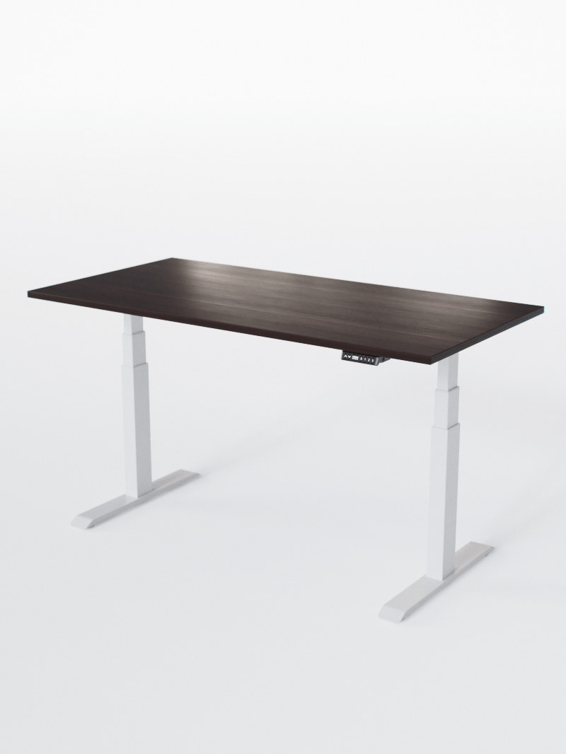 AUM WORLD_Bureau Assis Debout Électrique - ADVANCED LITE GO_Ports USB A_USB C_Blanc_Plateau Bois Foncé_Vue Globale_Copyrights AUM WORLD_2024