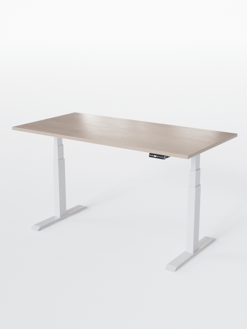 AUM WORLD_Bureau Assis Debout Électrique - ADVANCED LITE GO_Ports USB A_USB C_Blanc_Plateau Bois Clair_Vue Globale_Copyrights AUM WORLD_2024