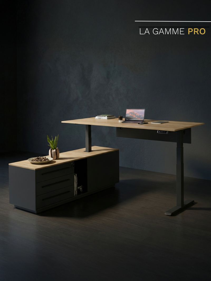 Bureau Assis Debout de Direction Electrique_PRESTIGE_Plateau et Caisson de Rangement intégré