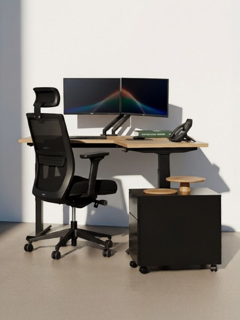Bureau assis debout d'angle, chaise et caisson