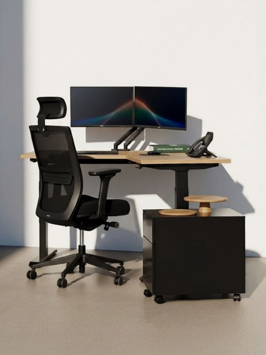 Bureau assis debout d'angle, chaise et caisson