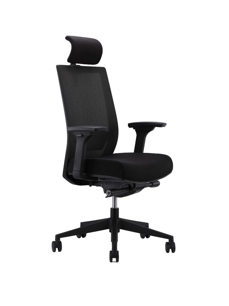 AW_CHAISE ERGONOMIQUE ERGOCLIM_NOIR_AVEC APPUI-TETE_VUE 3/4 AVANT GAUCHE