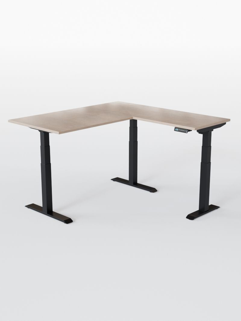 AW_TRIPOD_PRO_Bureau Assis Debout Angle Electrique_Grand Plateau de 160 à 200 cm_Retour 80*60 cm_Pieds_Noirs_Plateau ESSENTIAL_Chene Clair