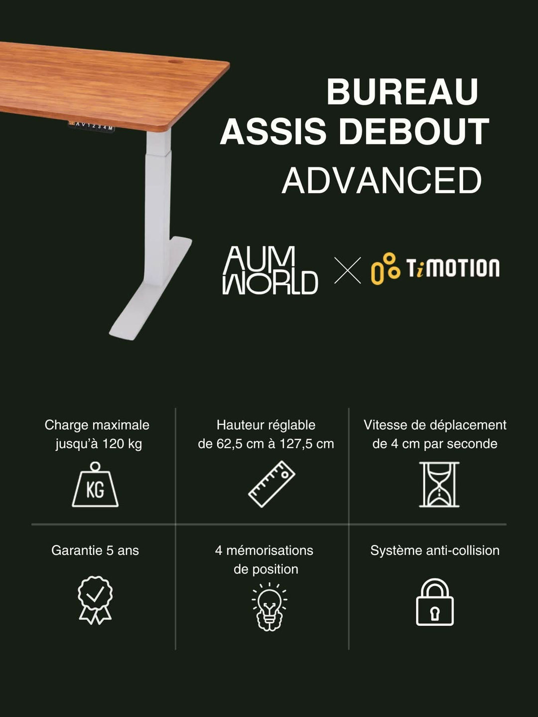 Caractéristiques du Bureau Assis Debout ADVANCED en chêne massif Premium AOK AUM WORLD x TiMotion