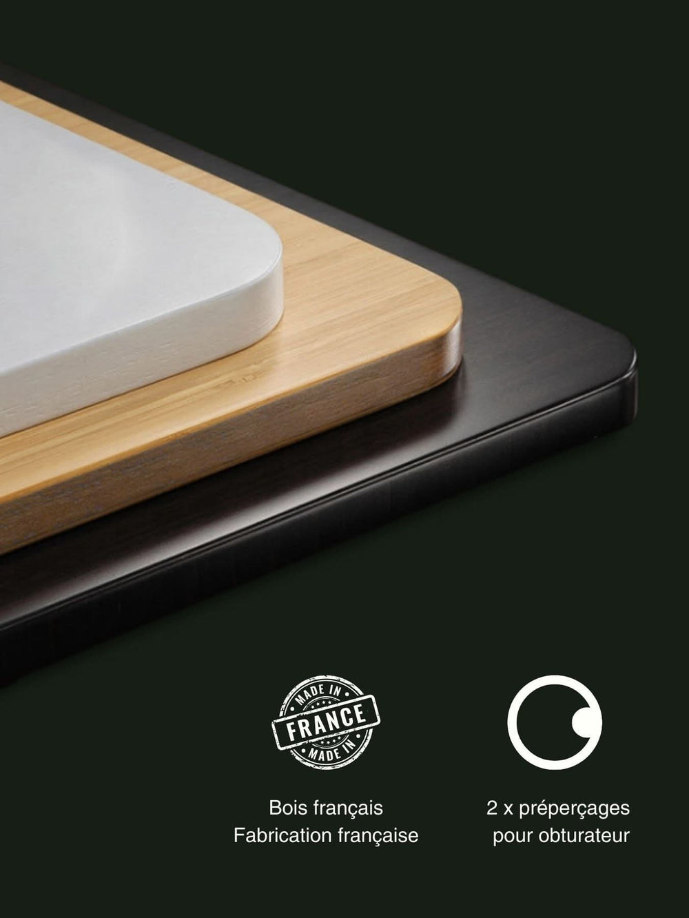 Plateau de Bureau Angles arrondis - DIY - 100% Bois Recyclé FSC® - AUVAèPlateau Fabrication Française -Longueur de 120 à 200 cm _Profondeur 70 cm. 2 préperçage bouchons.