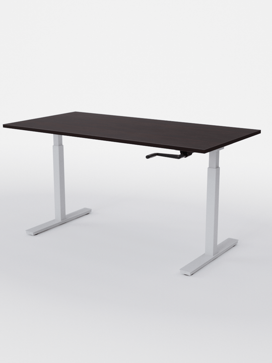 AUM WORLD_Bureau Assis Debout MANUE_Handy Go_Pieds Blanc_Plateau Bois Foncé_Copyrights_AUM WORLD®_2023