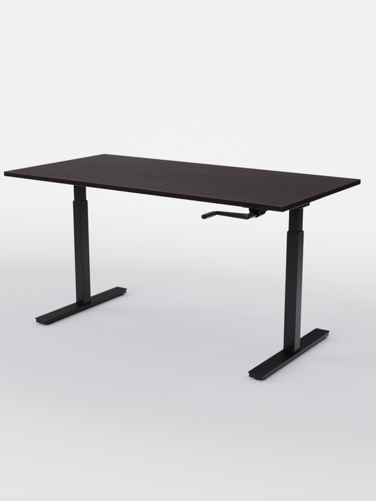 AUM WORLD_Bureau Assis Debout MANUE_Handy Go_Pieds Noir_Plateau Bois Foncé_Copyrights_AUM WORLD®_2023