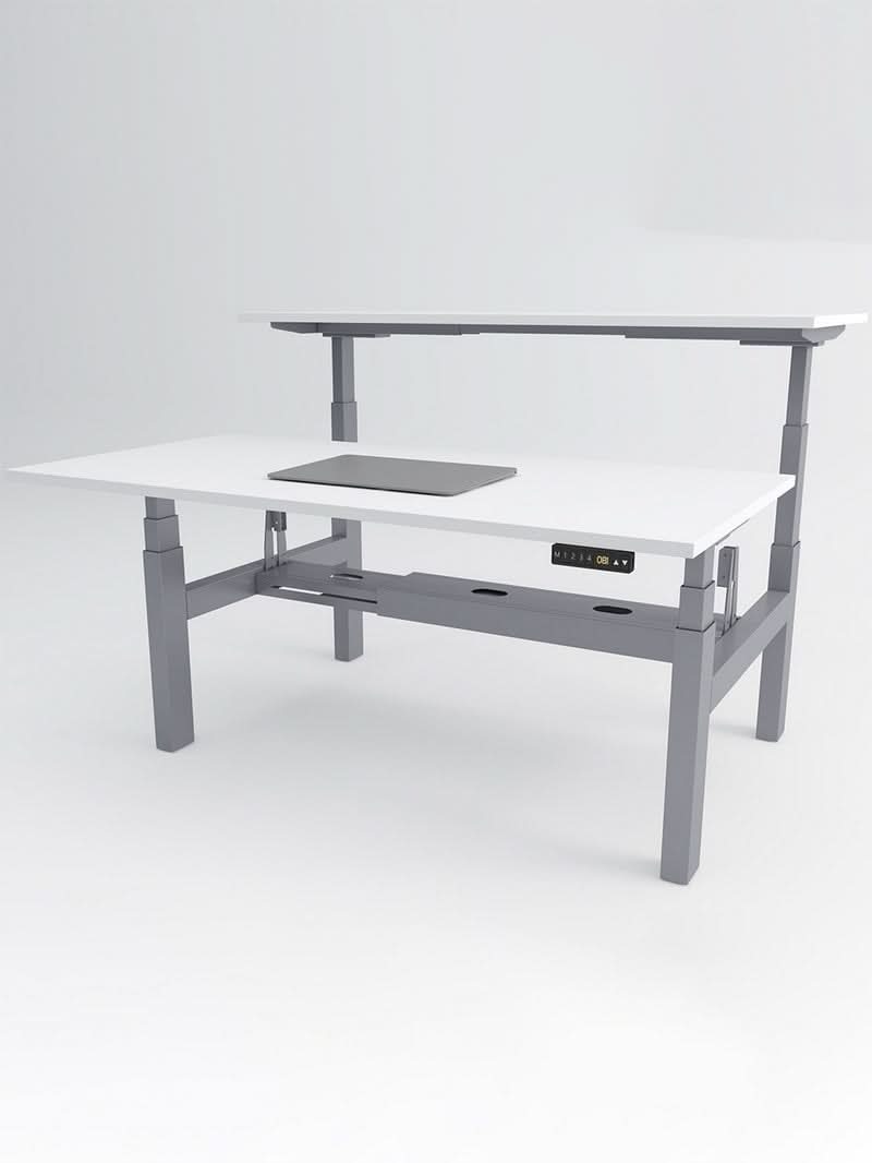 Bench Open Space Assis Debout Électrique 2 personnes - DUO - pieds gris - plateau blanc