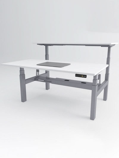 Bench Open Space Assis Debout Électrique 2 personnes - DUO - pieds gris - plateau blanc