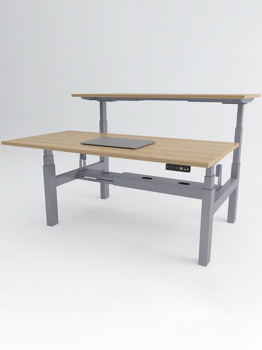 Bench Open Space Assis Debout Électrique 2 personnes - DUO - pieds gris - plateau bois clair