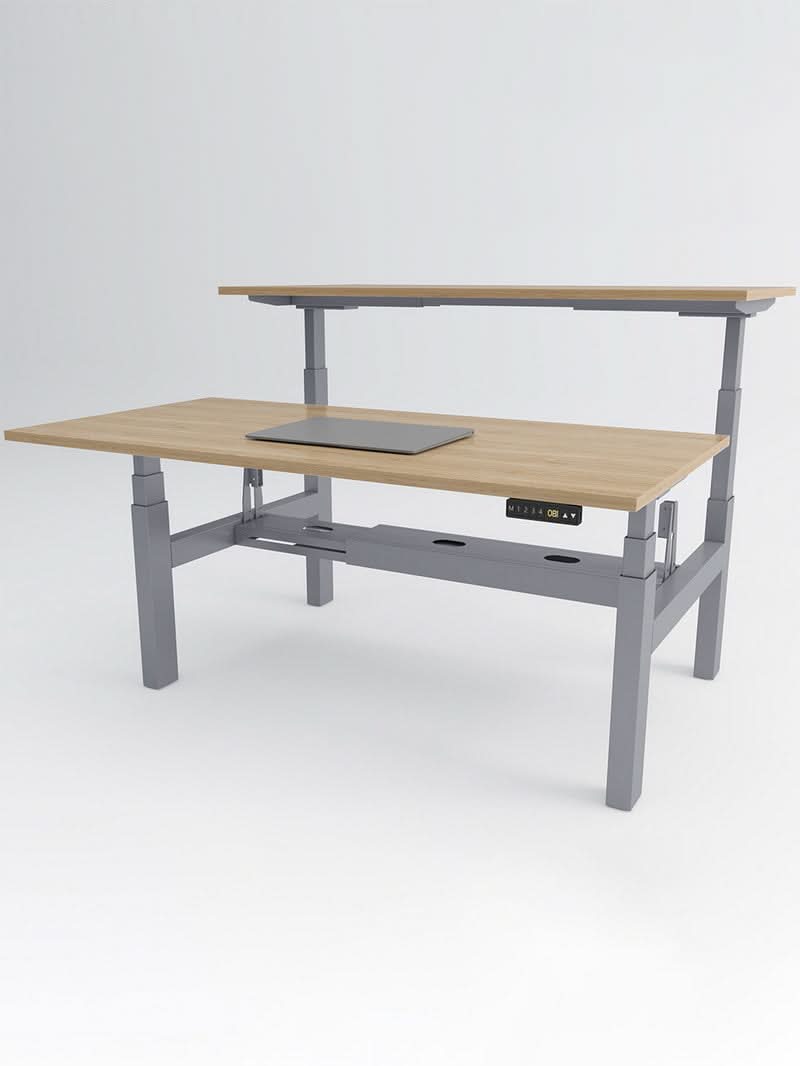 Bench Open Space Assis Debout Électrique 2 personnes - DUO - pieds gris - plateau bois clair