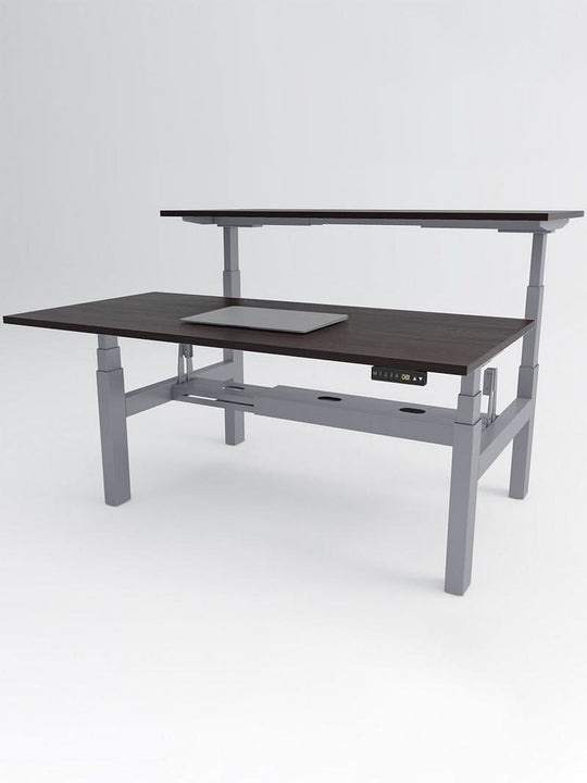 Bench Open Space Assis Debout Électrique 2 personnes - DUO - pieds gris - plateau bois foncé