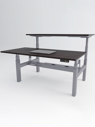 Bench Open Space Assis Debout Électrique 2 personnes - DUO - pieds gris - plateau bois foncé