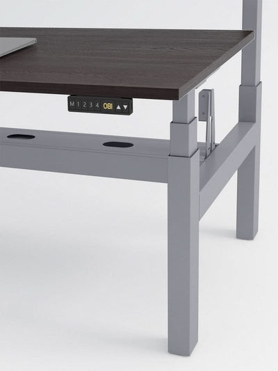 Bench Open Space Assis Debout Électrique 2 personnes - DUO - pieds gris - plateau bois foncé - ZOOM