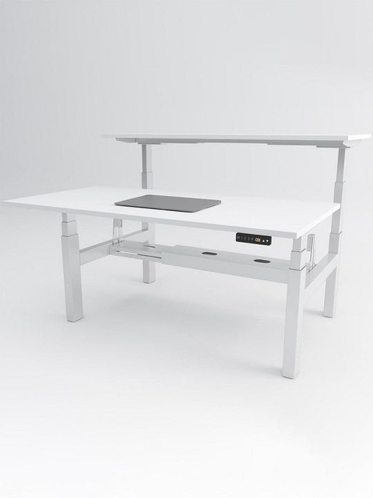Bench Open Space Assis Debout Électrique 2 personnes - DUO_bureau_duo_blanc_plateau_blanc