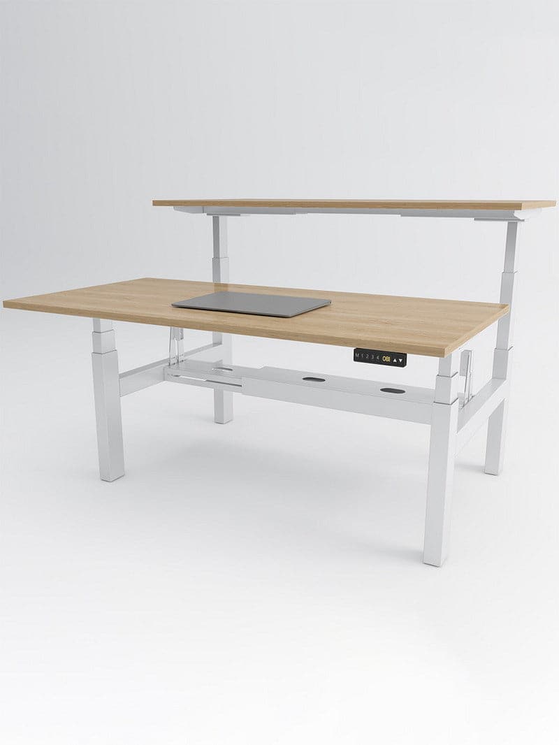 Bench Open Space Assis Debout Électrique 2 personnes - DUO bureau_duo_blanc_plateau_bois_clair