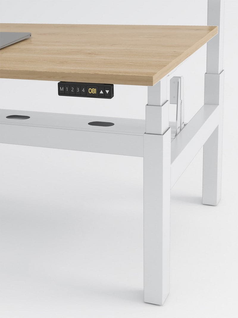 Bench Open Space Assis Debout Électrique 2 personnes - DUO bureau_duo_blanc_plateau_bois_clair_zoom