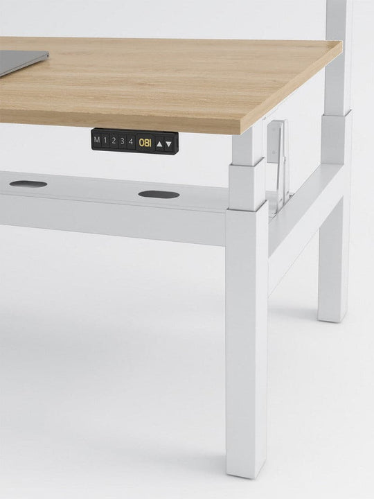 Bench Open Space Assis Debout Électrique 2 personnes - DUO bureau_duo_blanc_plateau_bois_clair_zoom