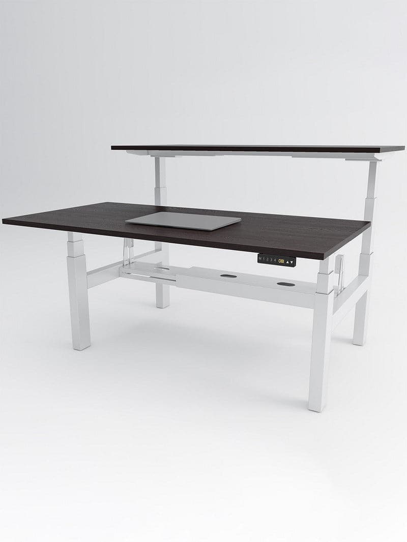 Bench Open Space Assis Debout Électrique 2 personnes - DUO bureau_duo_blanc_plateau_bois_clair_zoom