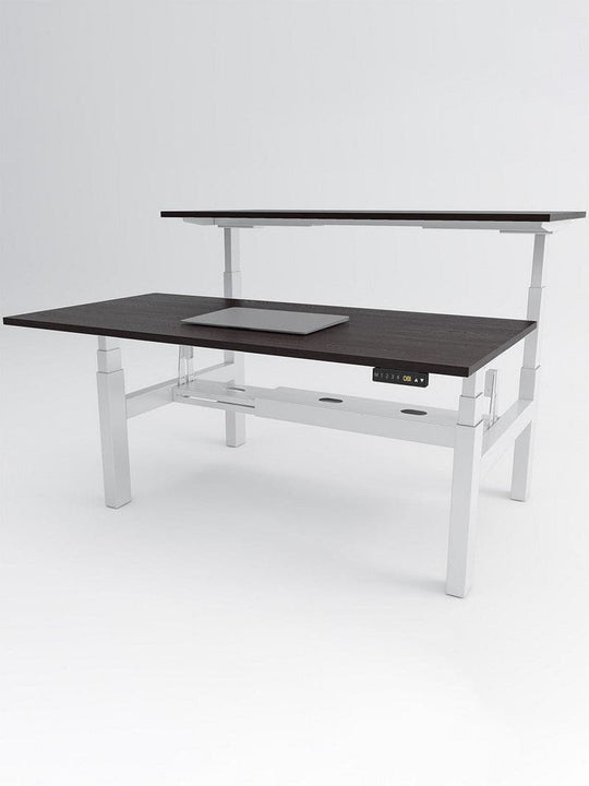 Bench Open Space Assis Debout Électrique 2 personnes - DUO bureau_duo_blanc_plateau_bois_clair_zoom