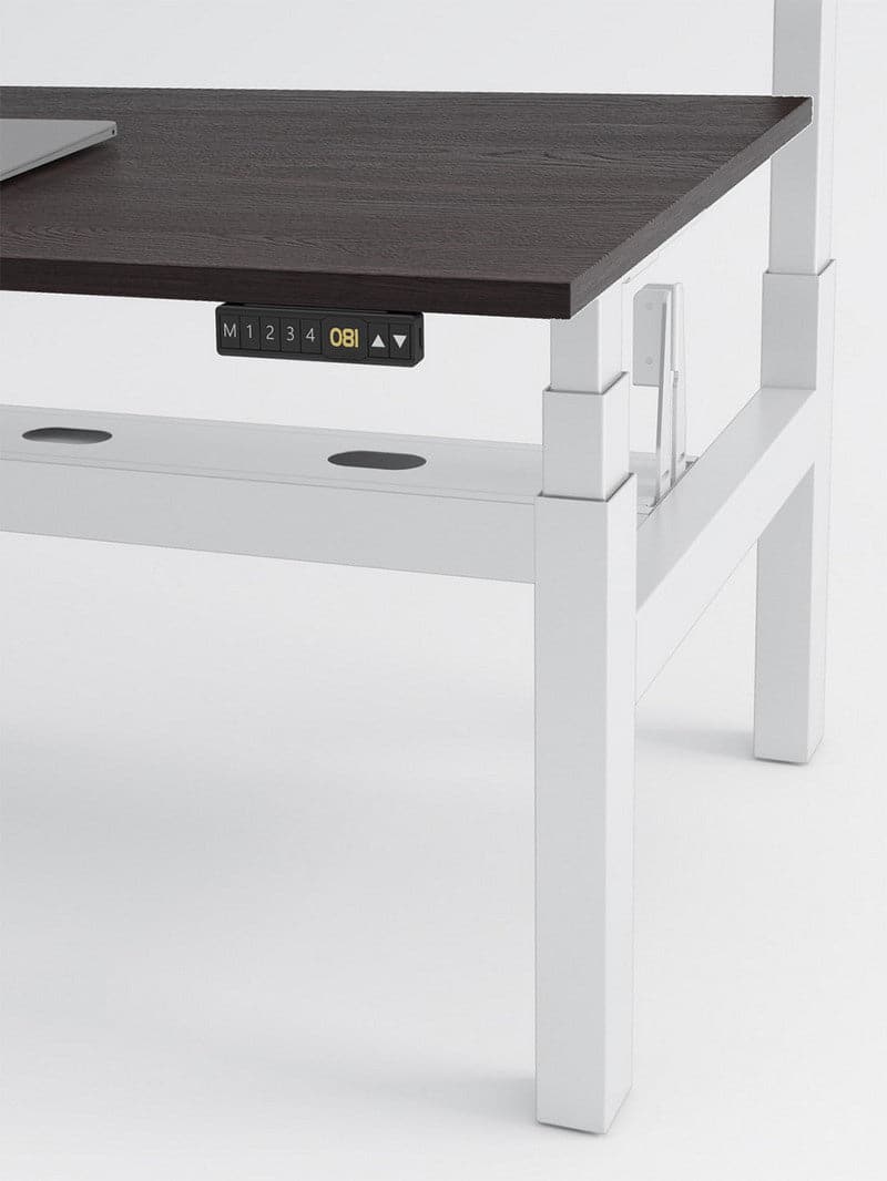Bench Open Space Assis Debout Électrique 2 personnes - DUO bureau_duo_blanc_plateau_bois_clair_zoom