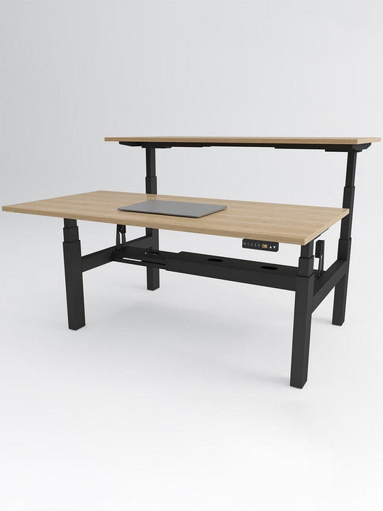 Bench Open Space Assis Debout Électrique 2 personnes - DUO bureau_duo_noir_plateau_bois_clair