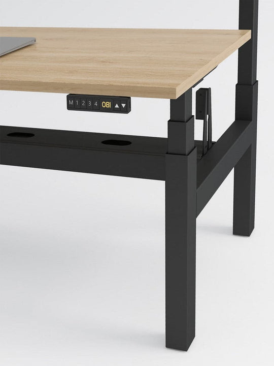 Bench Open Space Assis Debout Électrique 2 personnes - DUO bureau_duo_noir_plateau_bois_clair_zoom