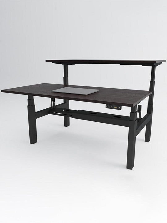 Bench Open Space Assis Debout Électrique 2 personnes - DUO bureau_duo_noir_plateau_bois_fonce