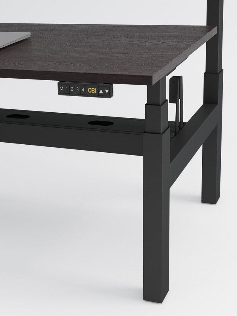 Bench Open Space Assis Debout Électrique 2 personnes - DUO bureau_duo_noir_plateau_bois_fonce_zoom