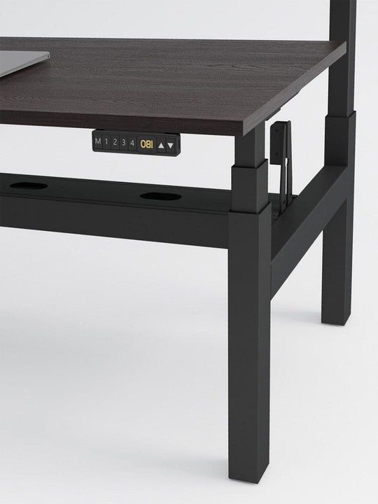 Bench Open Space Assis Debout Électrique 2 personnes - DUO bureau_duo_noir_plateau_bois_fonce_zoom